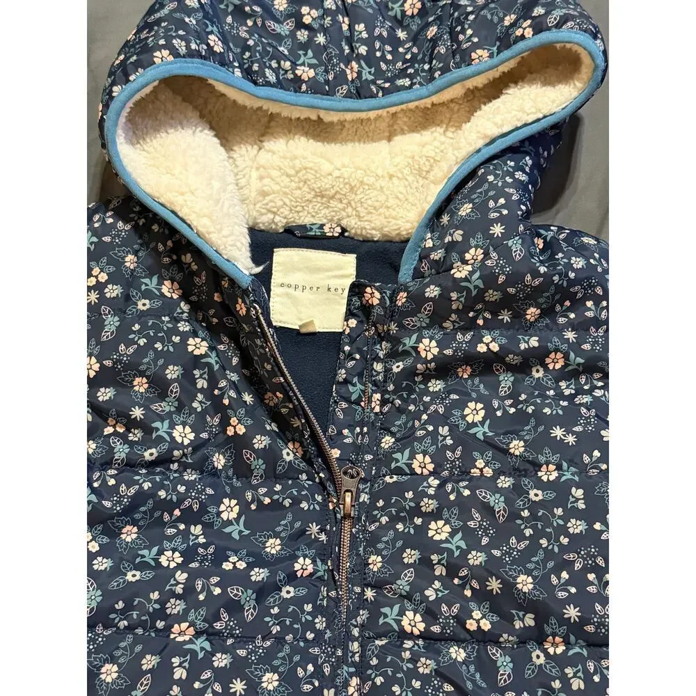 Copper Key Size 10/12 Navy Girl Puffer Floral‎ Sherpa Hooded Vest Full Zip